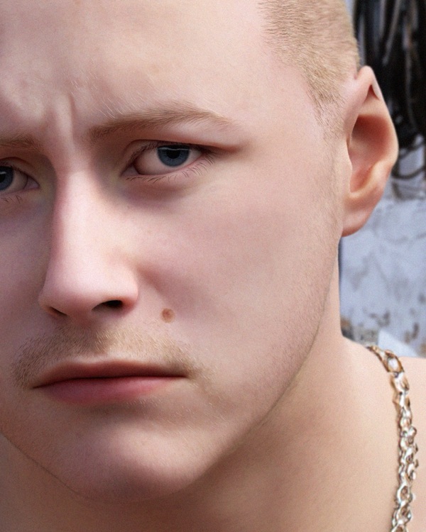 A digital portrait of Abel, a young man with cropped blond hair and a chain necklace
