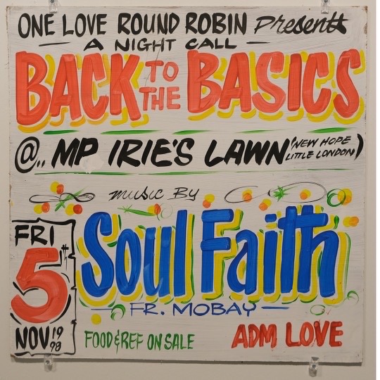 A Back to the Basics sign with Soul Faith, in red and blue