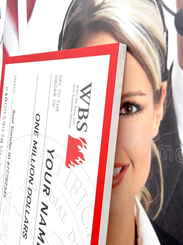 A woman’s smiling face beside a giant WBS check made out for one million dollars
