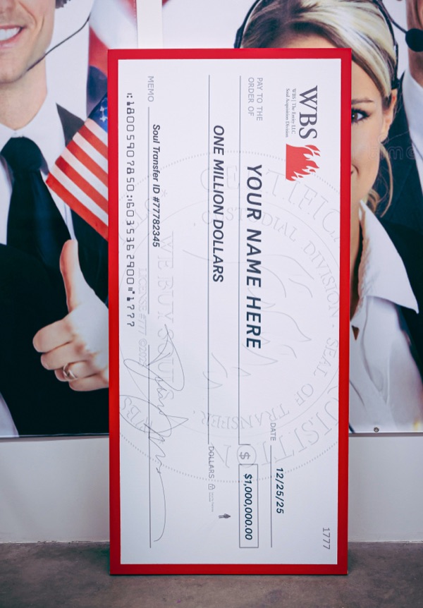 A giant WBS check propped against a wall