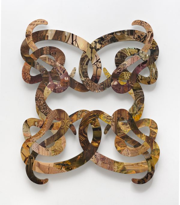 Building vs Erosion by Rochelle Voyles: a wall sculpture of interlocking looped forms covered in collaged patterned paper