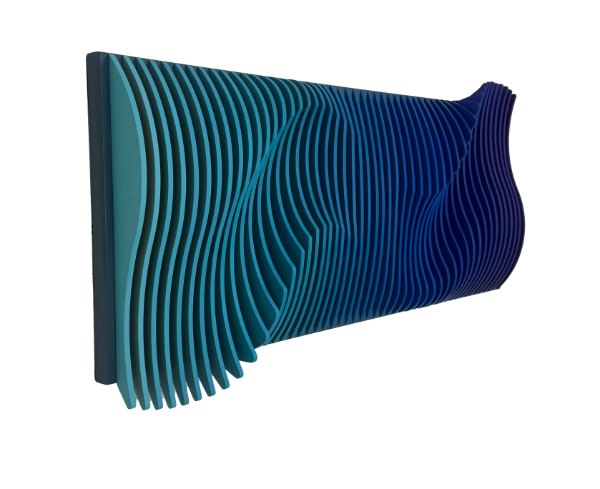 Arcanus Sun Blue 2 by Danny Esquenazi: a wall sculpture of thin vertical layers that ripple like a wave, shading from teal to deep blue
