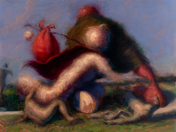 Tripping Into Third by Dana Blume: blurred, tangled figures in red, cream and dark brown tumble over one another on a green ground