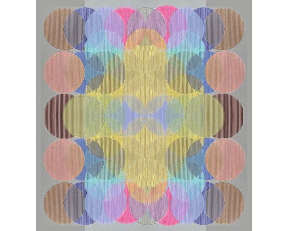 Ultra Prime by Isabella Despujols: rows of overlapping embroidered circles in pink, yellow, blue and brown on a grey ground