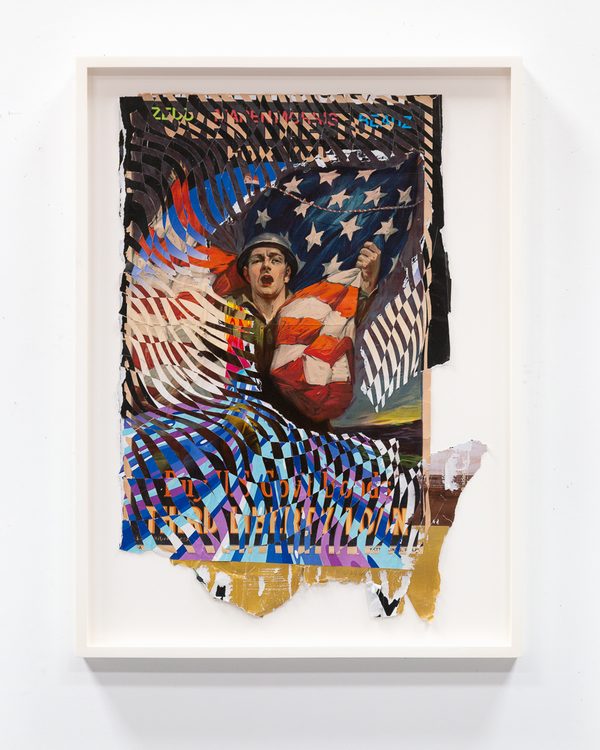 Over The Top For You by Galen Gibson-Cornell: a First World War poster of a soldier holding a flag, sliced and woven with strips of colorful street posters, framed on a white wall