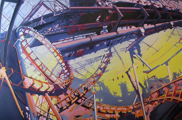 Circus Circus by Carla Falb: looping red rollercoaster track and steel framework under a glass dome, in purple, yellow and blue