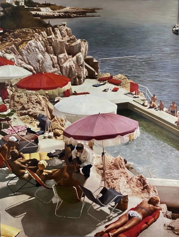 DECADES, Travelogue, Poolside by Mitchell Craig: sunbathers, red and white fringed umbrellas and a pool on the rocks above the sea