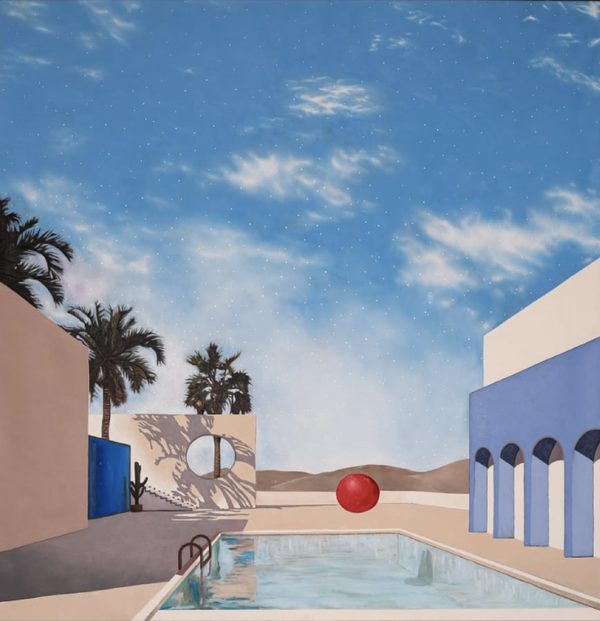 Malibu Red Balloon by Morski: a red balloon floats above a swimming pool in a sunlit courtyard with palm trees, blue arches and a pale sky