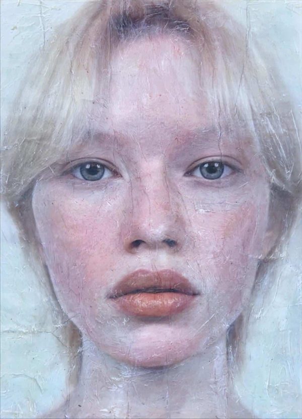 I’m Trying to Touch Grass and Not Fall Over by Lavely Miller: a close-up painted portrait of a young person with pale blond hair and blue eyes on a crackled surface