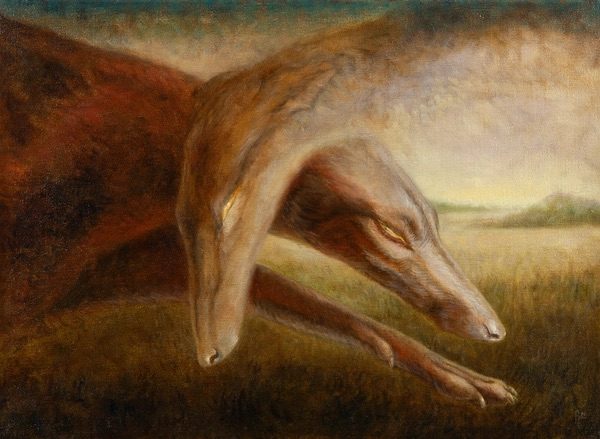 Soft Shoulder by Alexis Trice: a painting of a long-snouted russet animal stretched low across a grassy landscape at dusk