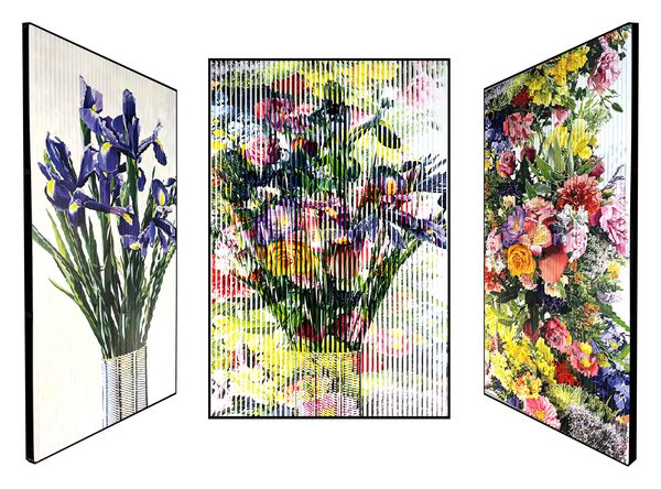 Purple Forest by Gil Goren: purple irises in a vase from the left, a bouquet of mixed flowers from the right, and the two images interleaved from the front