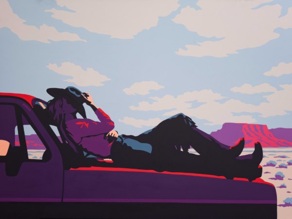 day-dream’n by Jeremy Booth: a flat-colour painting of a cowboy lying back on the hood of a red and purple truck under a blue sky with clouds, with red mesas behind
