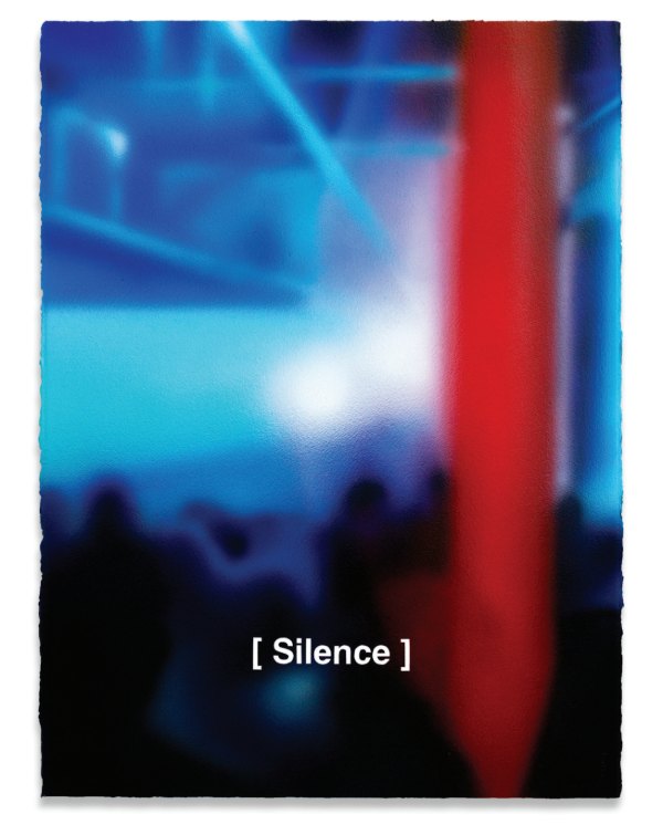 [Silence] by Alexander Owens: a blurred painting of a crowded nightclub in electric-blue light, cut by a vertical red streak, with “[ Silence ]” in white near the bottom, on deckle-edged paper