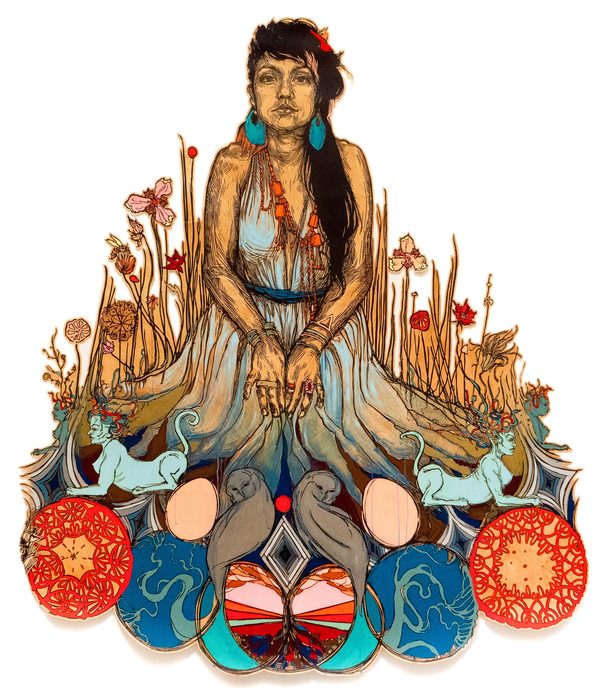 Moni and the Sphinx by Swoon: a print of a woman with long dark hair and turquoise earrings seated among flowers, above a symmetrical base of red and blue patterned circles and two small sphinxes