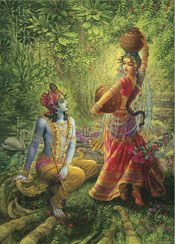 A devotional painting of a blue-skinned figure in a crown seated in a lush forest beside a woman in a red sari carrying a water pot