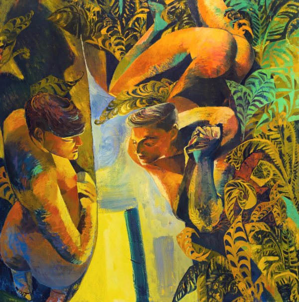 Portal by J. Carino: a painting of two nude figures among tropical leaves, gazing across a tall shaft of yellow light