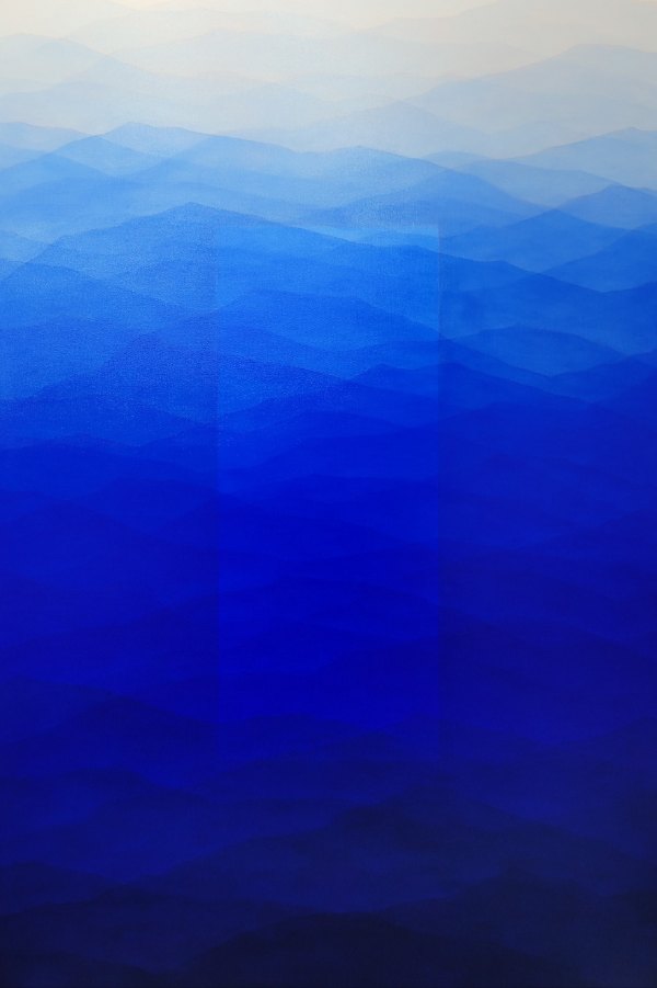 공존58 by Beom Jun: a painting of layered mountain ridges in blue, deepening from pale white at the top to saturated cobalt at the bottom
