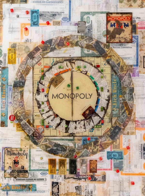 New York Avenue by Bryan Scariano: a collage built around a vintage Monopoly board, ringed with property cards, play money and game pieces under resin