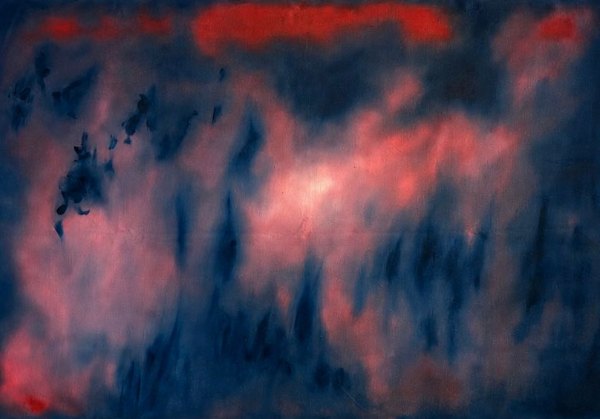 Smoke and Mirrors by Boramie Sao: an abstract painting in deep blue with drifting pink and red clouds and dark vertical shapes