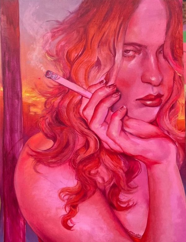 Untitled by Natalie Strait: a painting in hot pinks and reds of a woman with long wavy hair resting her chin on her hand and holding a cigarette