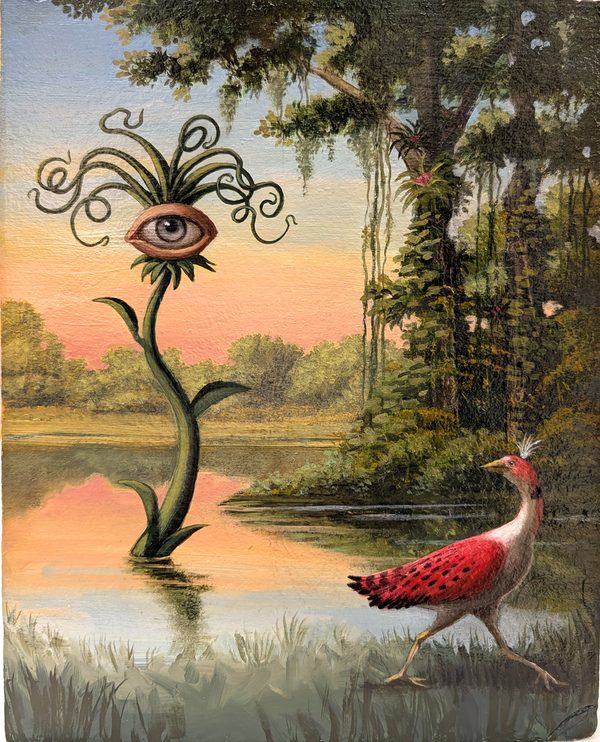 Encounter II by Cristina Vergano: a plant with a single eye for a flower rises from a lake at sunset as a red-feathered bird walks along the bank