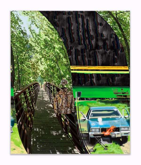 Void Scrolling by Ian Sonsyadek: a wooden footbridge under a dark arch, with trees, a green band and a blue vintage car