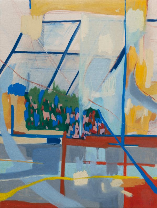 Between Here and Summer by Yoon Chang: an abstract painting of pale blue planes crossed by blue window-like lines, with a band of green, pink and blue foliage and touches of red and yellow