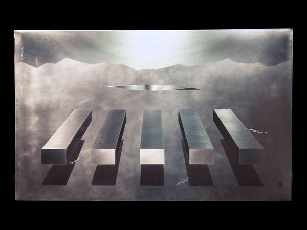 The Five, a polished stainless steel wall piece: five bars float above their shadows, under a bright glow and a ridge of mountains